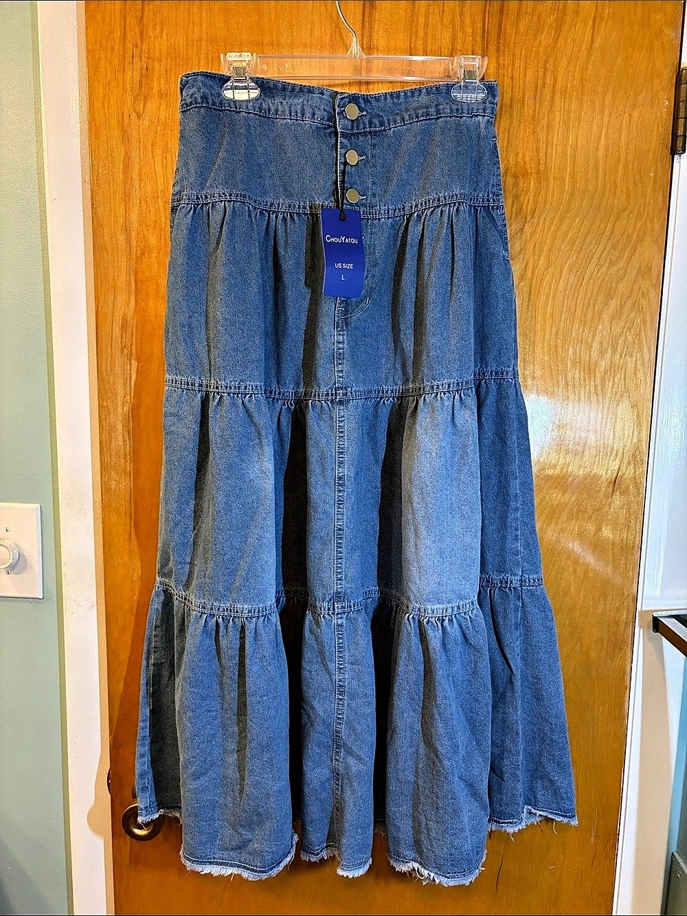 L. Denim Skirt , ChouYatou, Tiered Long & Button-Fly Ruffle , NWT
